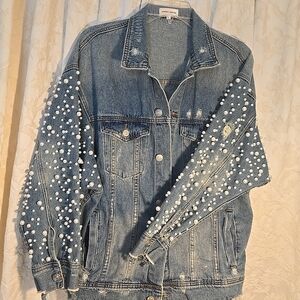Zara Light Blue Denim Jacket with Pearl Embellishments